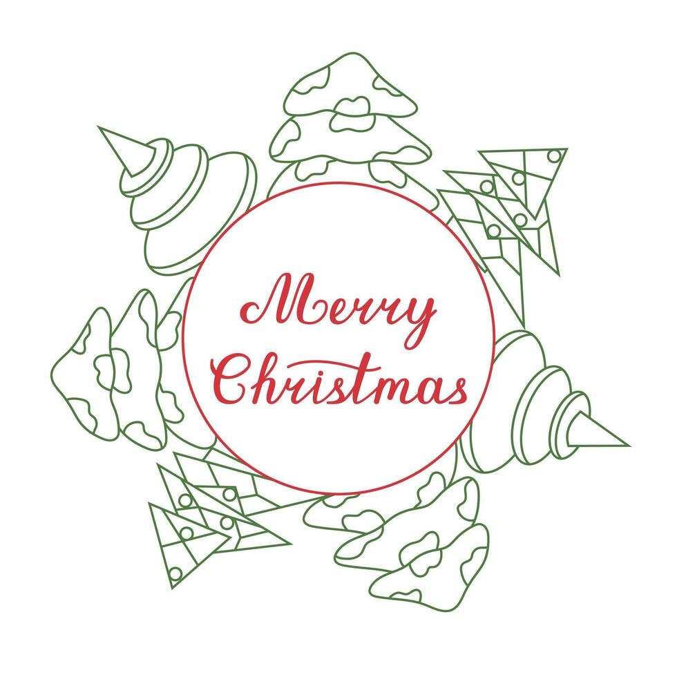 postcard with Christmas trees. Christmas font for banners, postcards and packaging. Simple template for winter holidays. vector