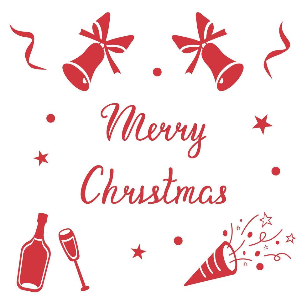 Christmas card with bells, fireworks and sparkling wine. Template with text for packaging, postcards and posters. Calligraphic inscription with Merry Christmas. vector