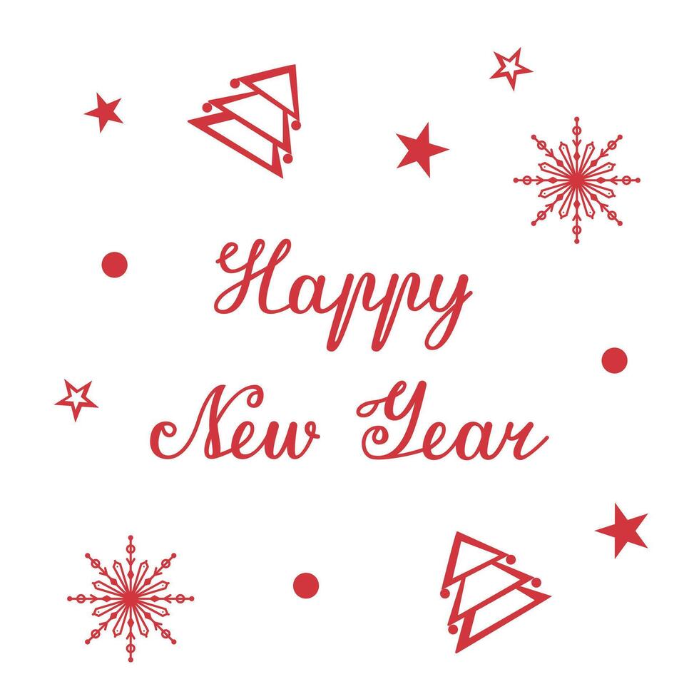Greeting card with Christmas trees and snowflakes for the New Year. template with text for packaging, postcards and banners. Calligraphic inscription with Happy New Year. vector