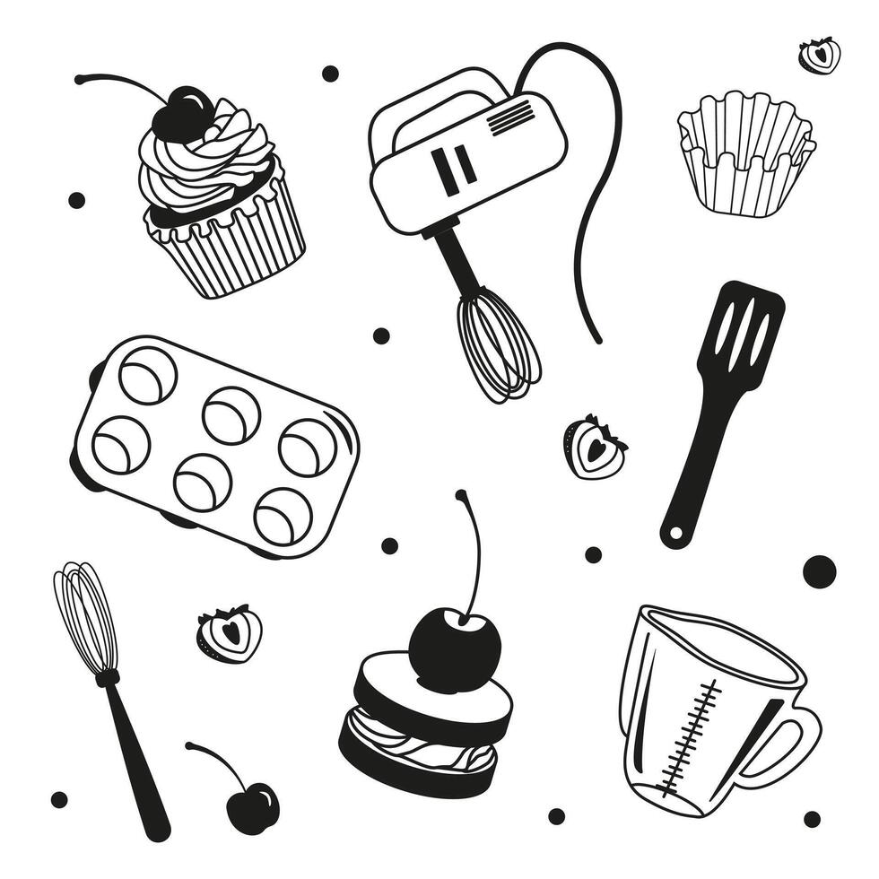 set of cakes and pastry utensils with berries. Image of confectionery sweet food with mixer and measuring cup. Pastry Chef Day concept. vector