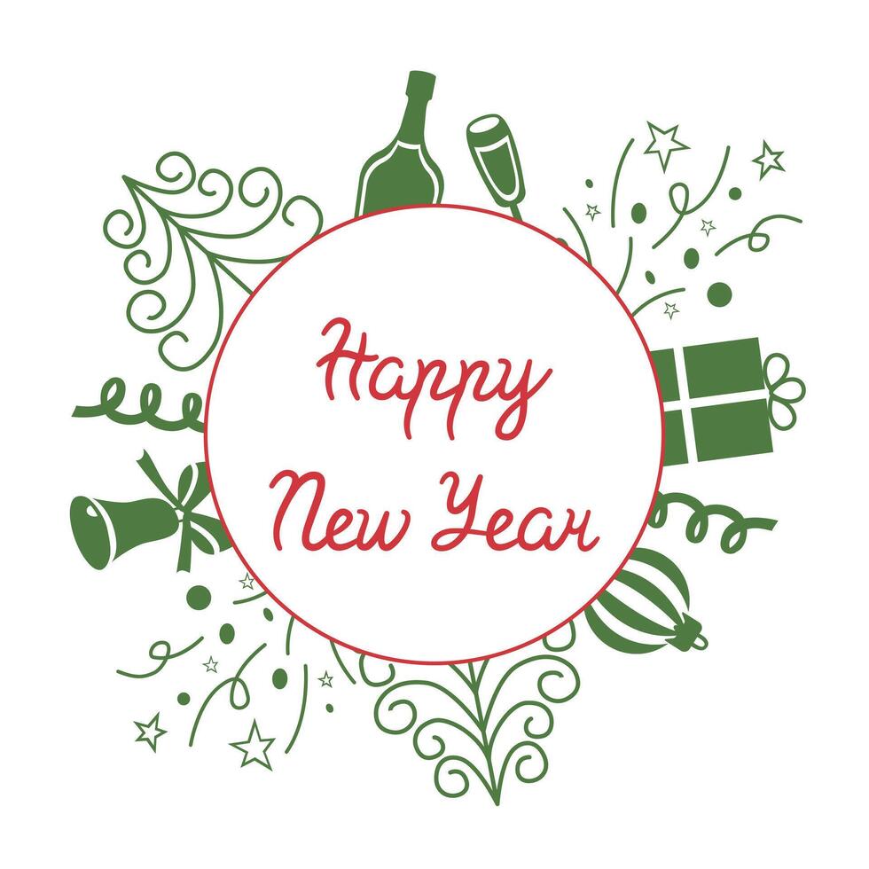 Congratulatory inscription in a circle with gifts and sparkling wine for the New Year. Colored template with text for packaging, postcards and banners. Calligraphic inscription with a Happy New Year. vector