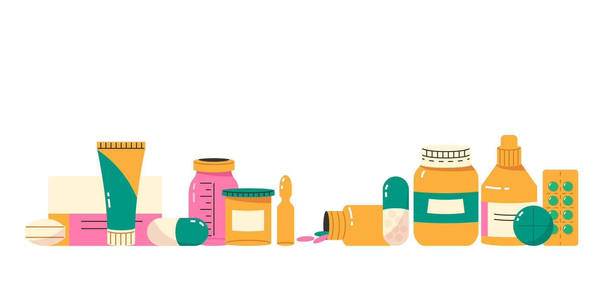 Horizontal banner with different medical products, pills, jars vector