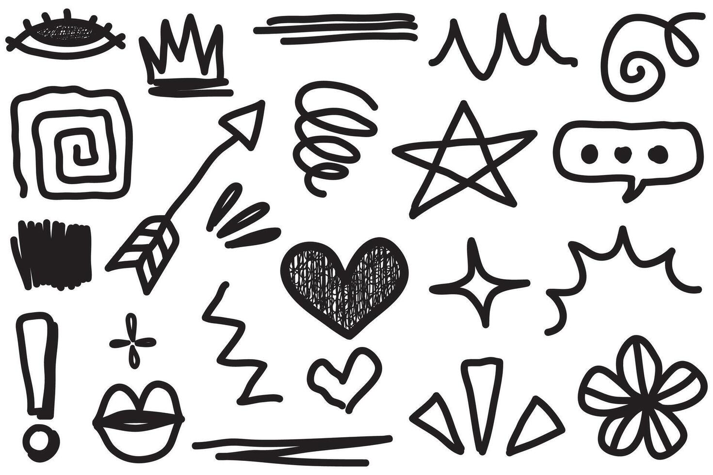 Doodle set of hand-drawn cartoony expression sign doodle, curve directional arrows, emoticon effects design elements, cartoon character emotion symbols, cute decorative brush stroke lines. vector