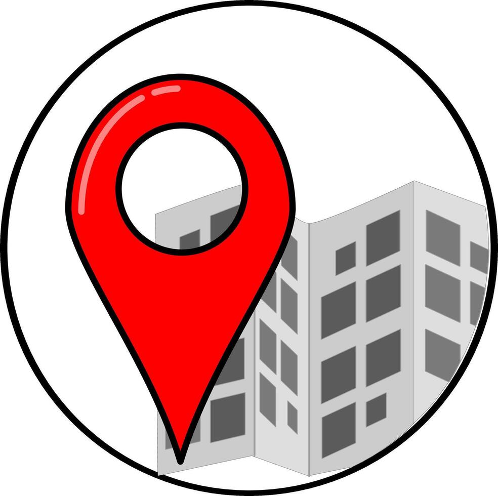 A red pin on a white background with a building in the background vector