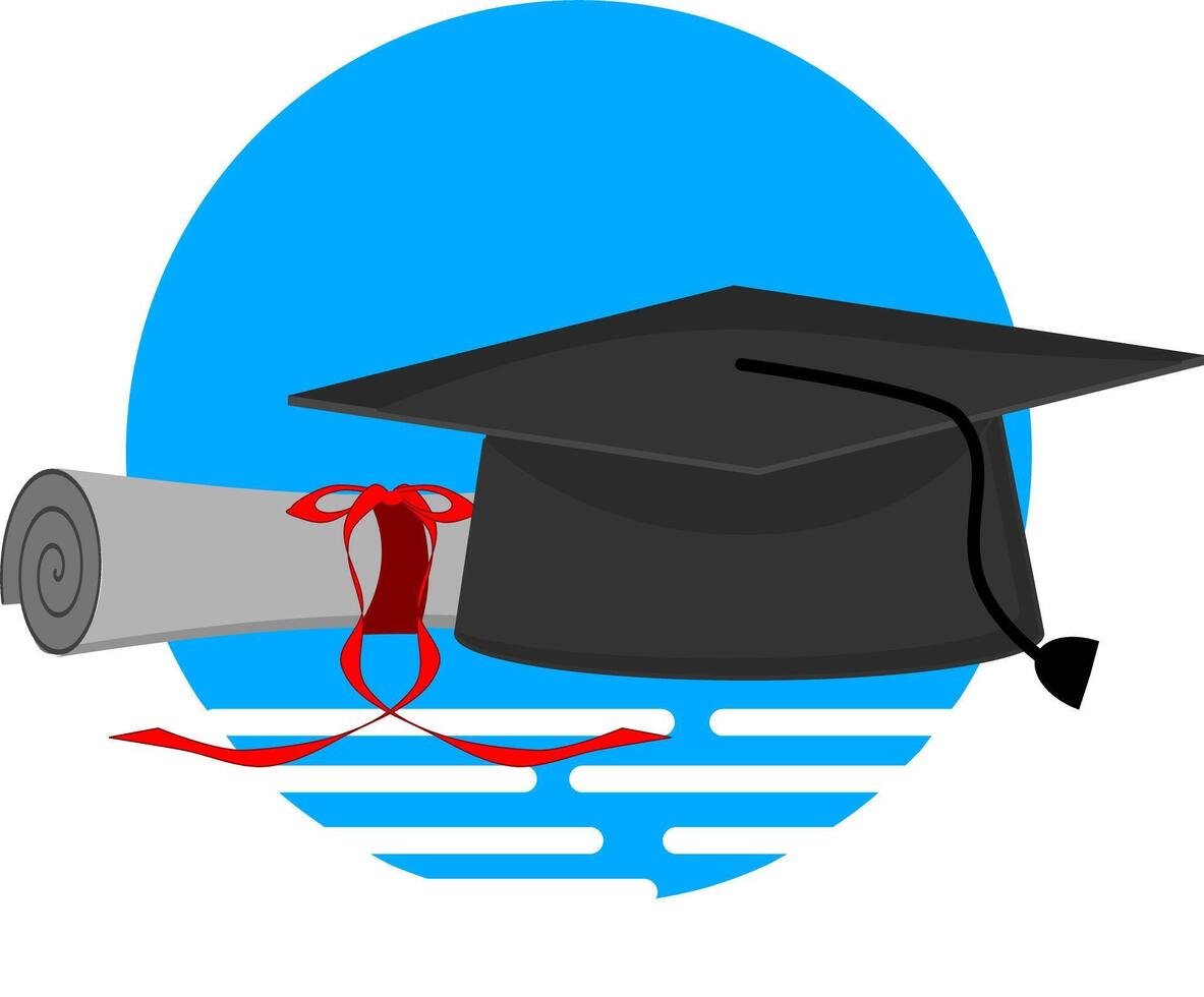 A graduation cap and diploma on a blue background vector