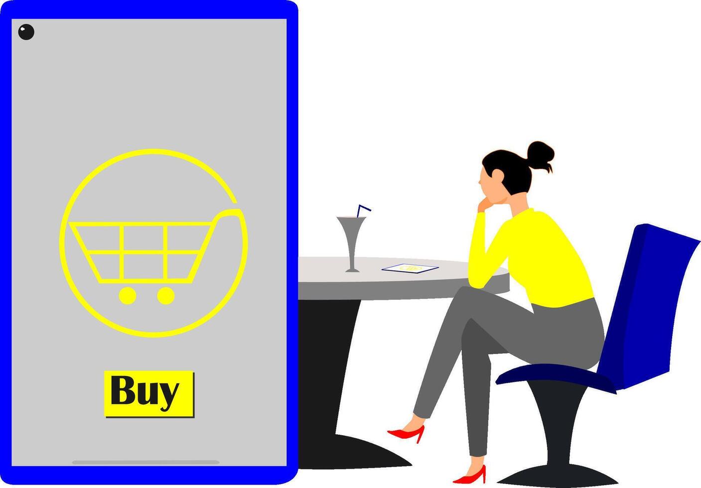 A woman sits at a table with a shopping cart on her phone vector
