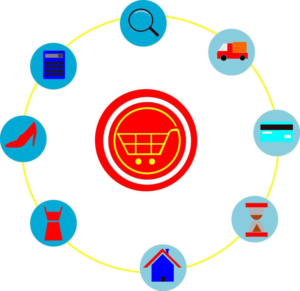 The circle is surrounded by icons of shopping items vector