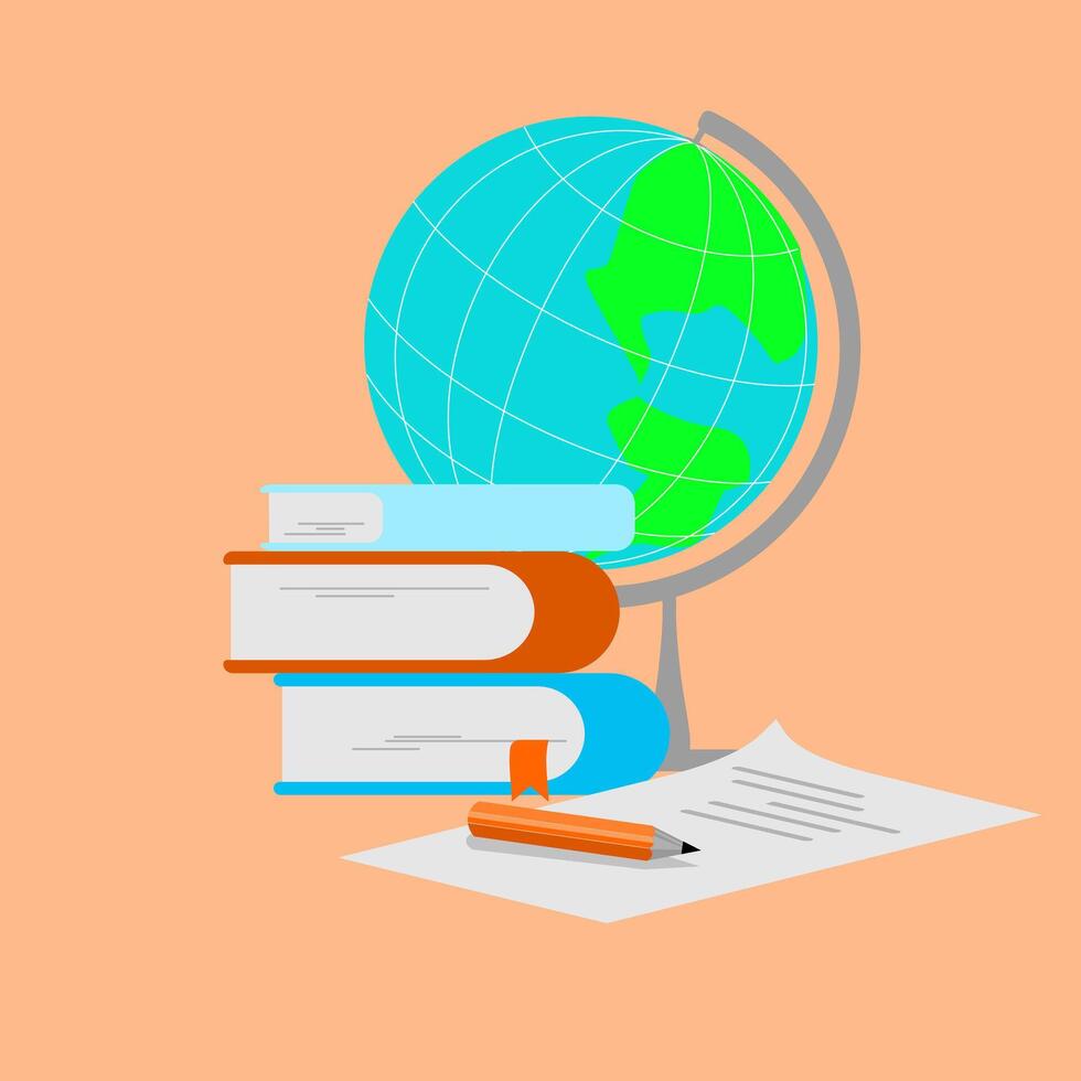 Books, globe, pen and paper on orange background vector