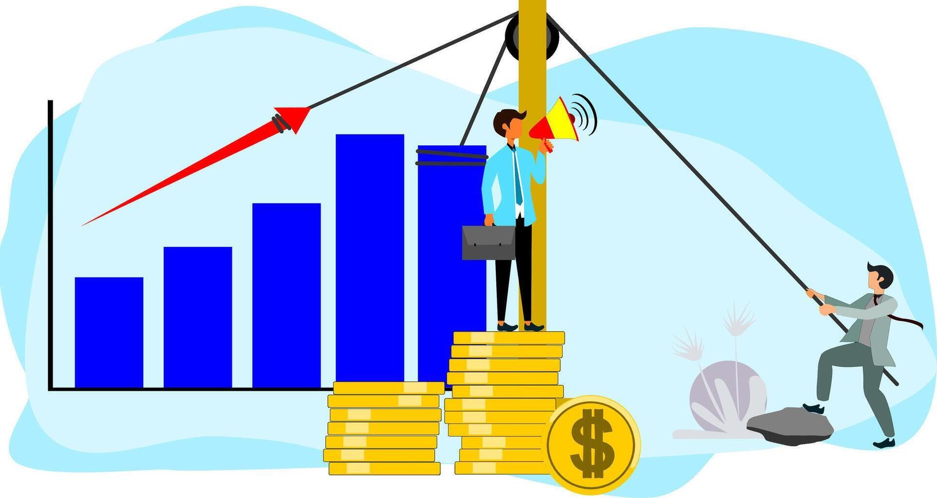 Businessman holding a megaphone and standing on a pile of money vector
