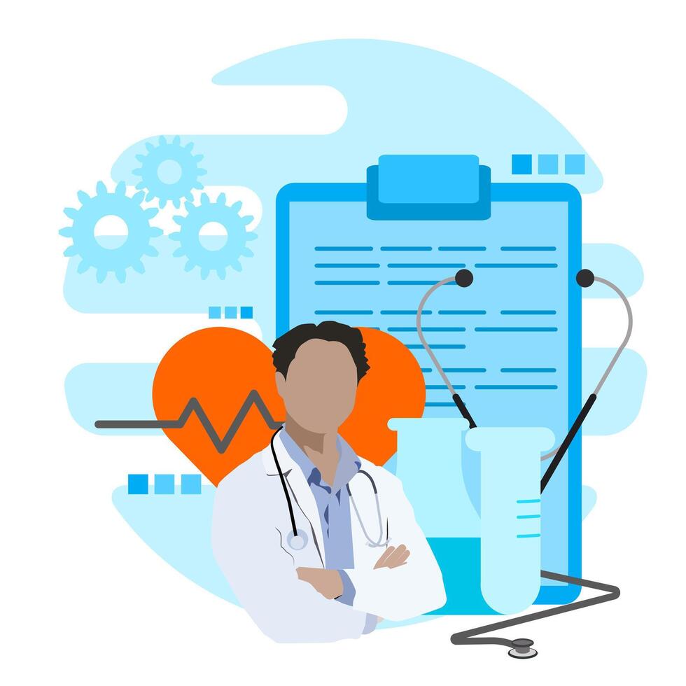 A doctor is standing in front of a clipboard and a heart vector