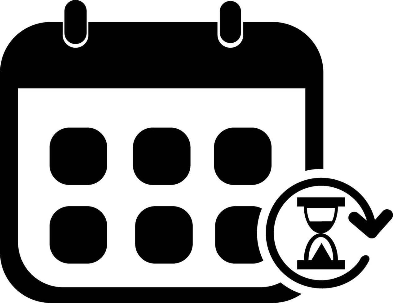 A black and white icon of a calendar with a clock vector