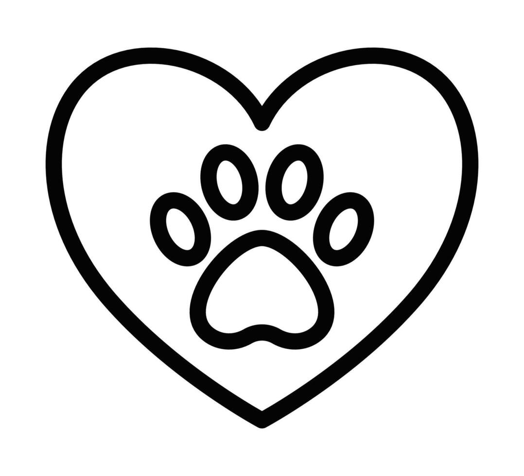 A black and white illustration of a heart with a paw print vector