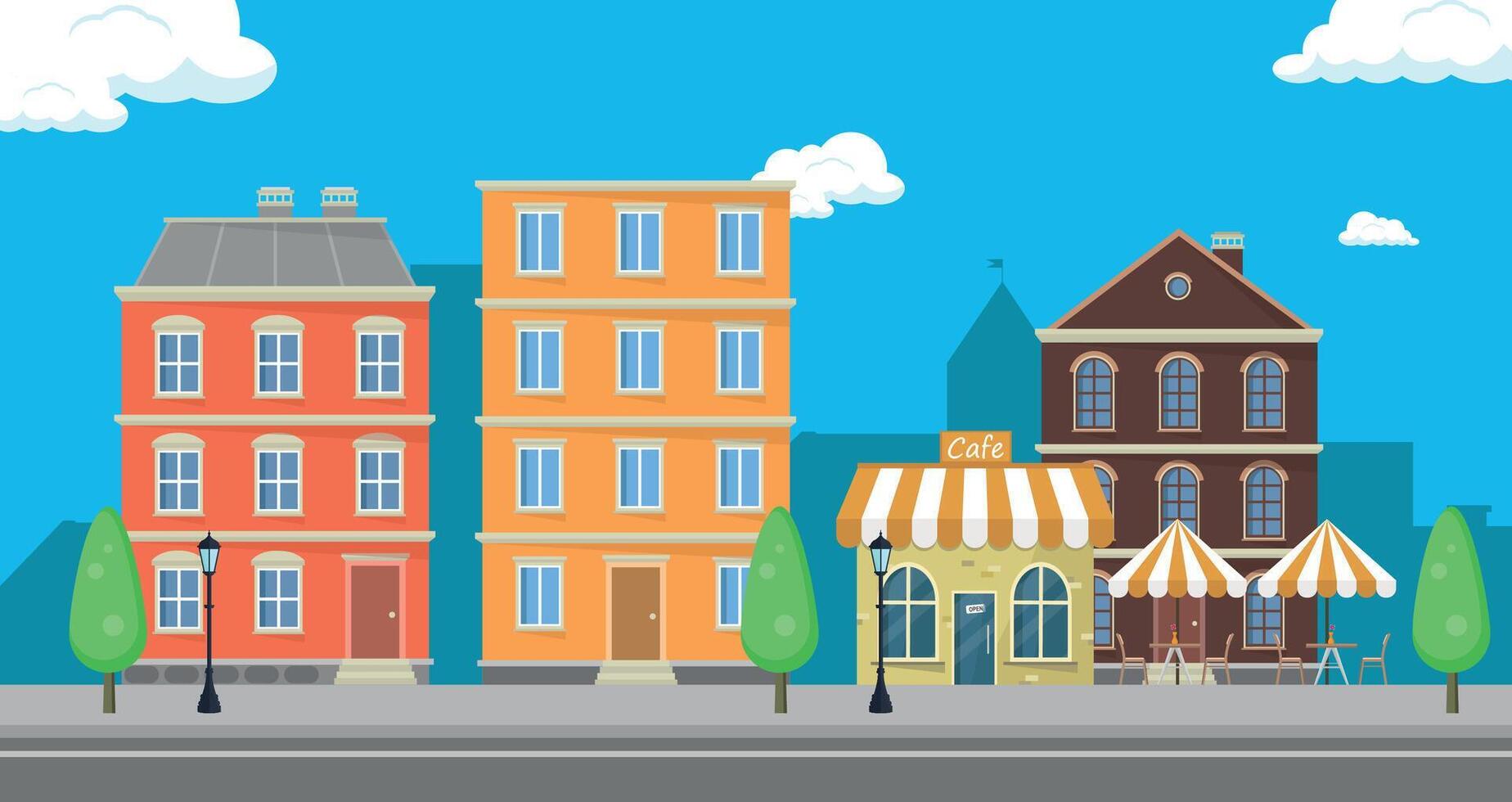 Cafe building with residential buildings in the city center. Urban recreation concept. vector