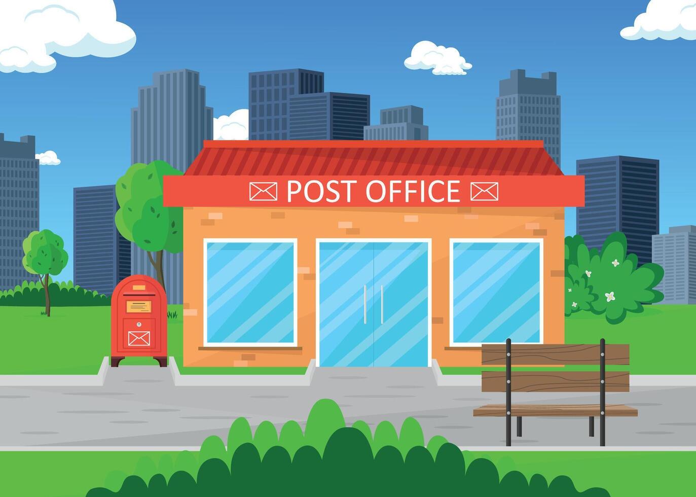 Post office building with a mailbox. Post office against the backdrop of skyscrapers. vector