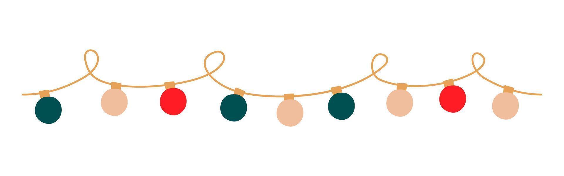 Christmas lights garland with colored circle bulbs. Xmas festive looped string decoration with hanging retro lightbulb. Glowing lamps for holiday cards, banners, posters, web. illustration. vector