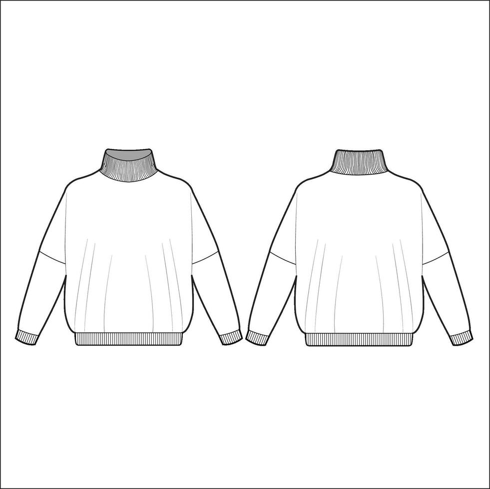 Jacket overall technical fashion Flat sketch illustration template Front, back views. Apparel Sweater Jacket Light Black color mock up CAD isolated on white. vector