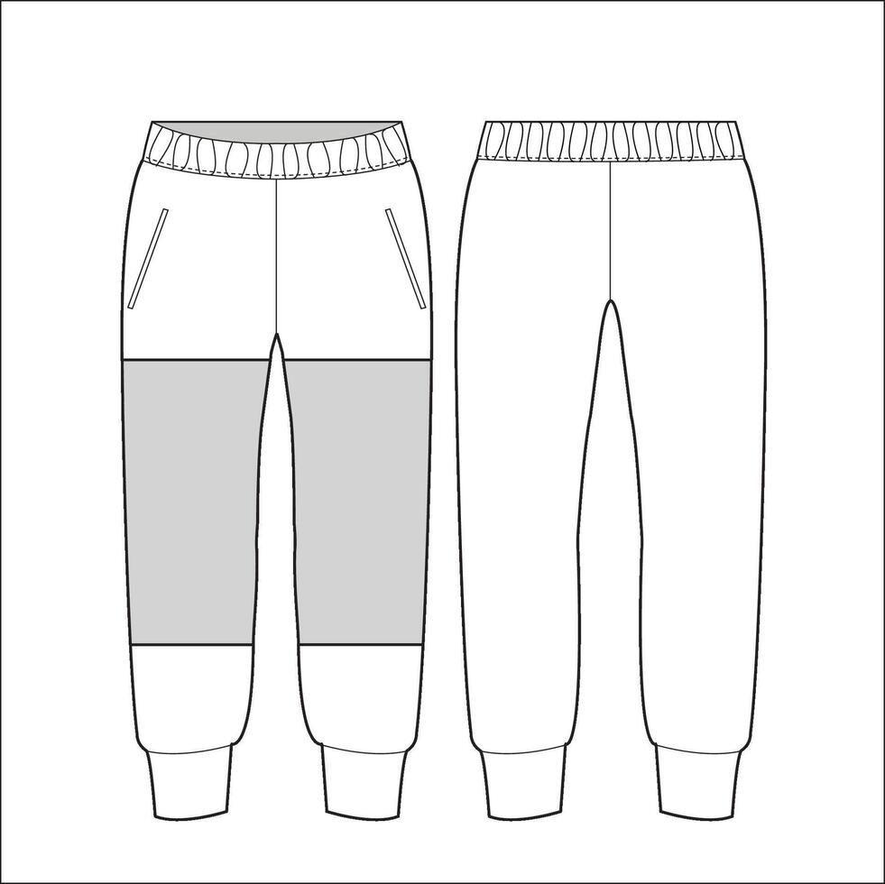 Men's jogger bottom flat sketch illustration front and back view technical cad drawing template vector