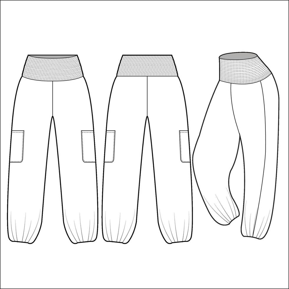 Men's jogger bottom flat sketch illustration front and back view technical cad drawing template vector
