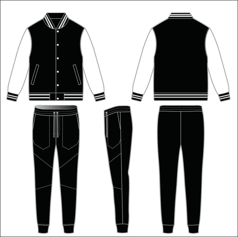 Tracksuit full button opening long sleeve jacket and pants running jogging athletic sports wear set flat sketch illustration technical cad drawing template. vector