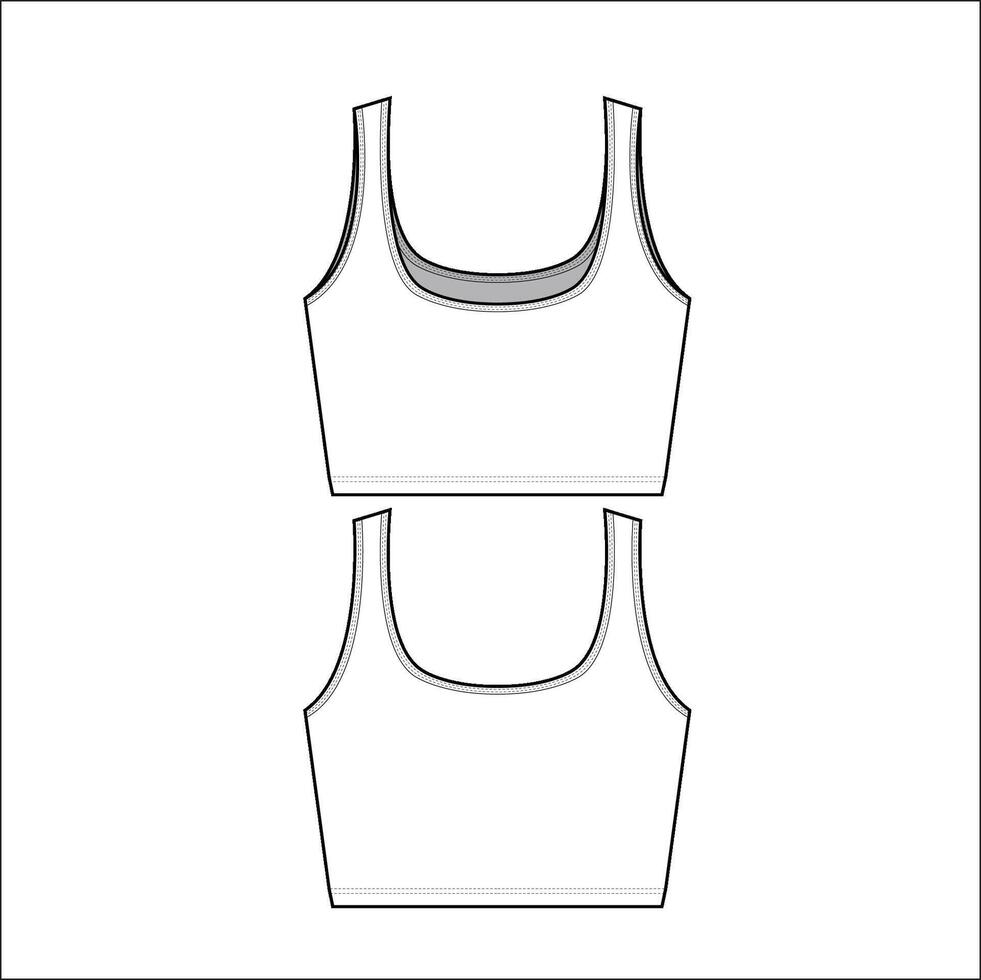 Technical Sketch of FRONT CUT OPEN RACER BACK SPORTS BRA in editable sketch. vector