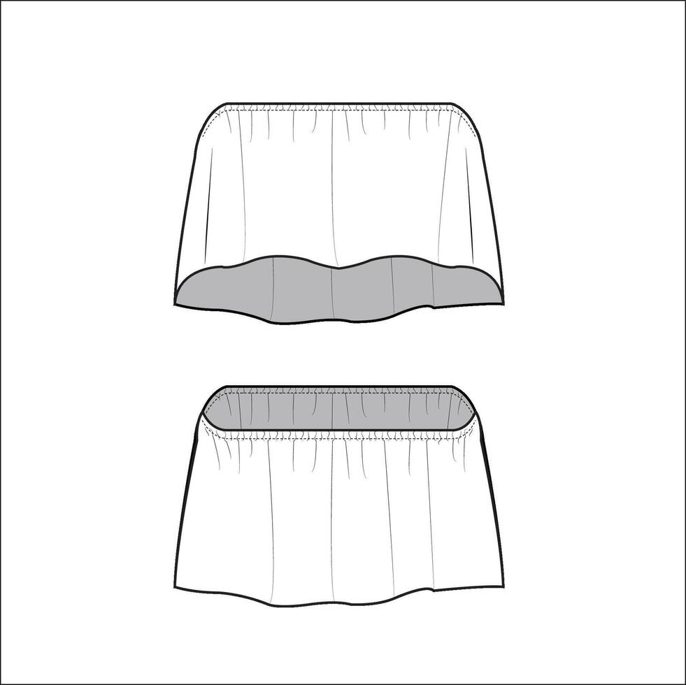 Women bardot ruffle blouse top design flat sketch fashion illustration drawing with front and back view. off shoulder Crop top blouse drawing template vector