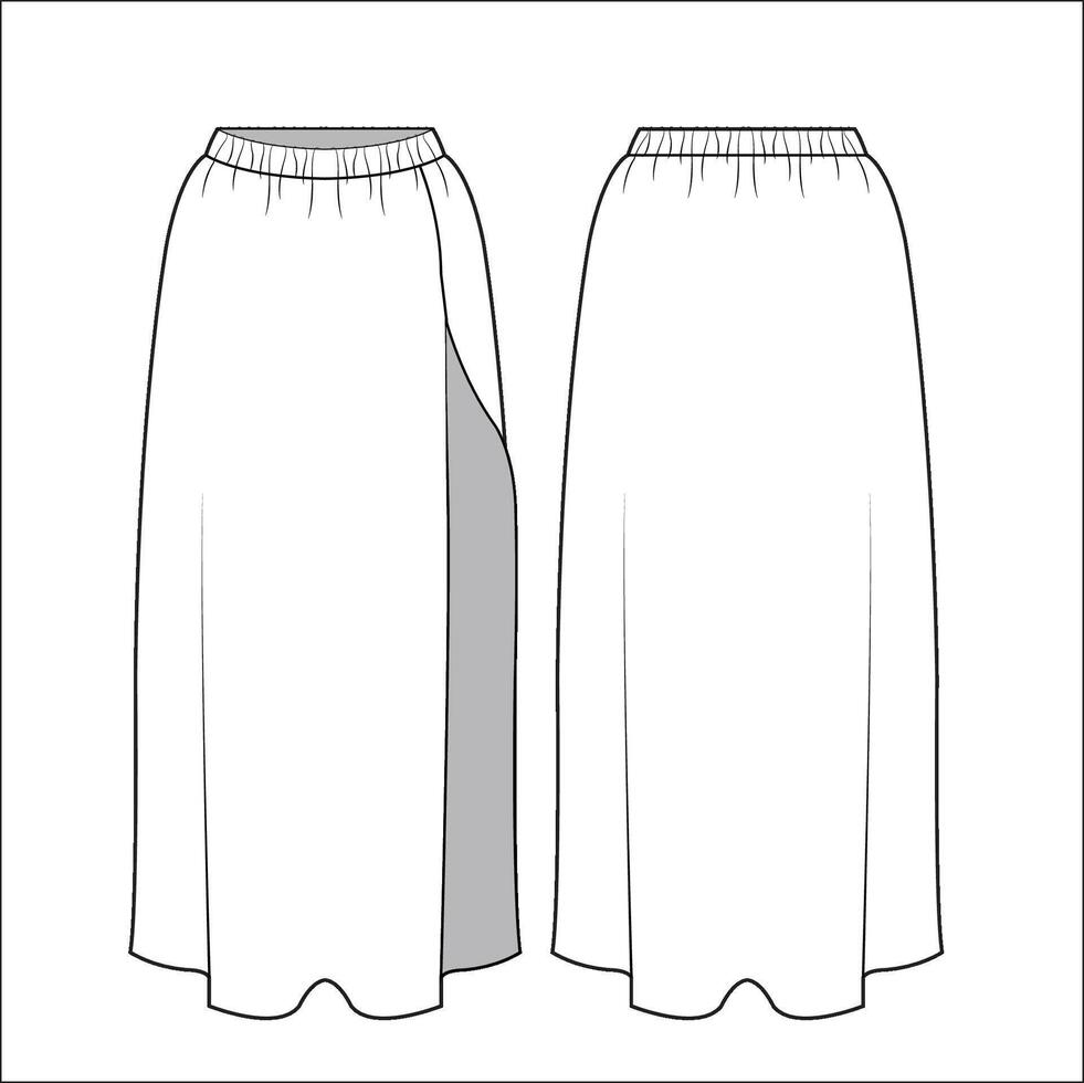 Set of asymmetric Skirts technical fashion illustration. Midi Skirts fashion flat technical drawing template, zip up, pocket, side slit, front and back view, white, women CAD mockup set. vector