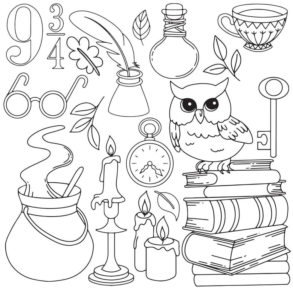 Coloring book. Set of magical, witchcraft things. School of wizards, witchcraft and magic. Cute doodle drawing vector
