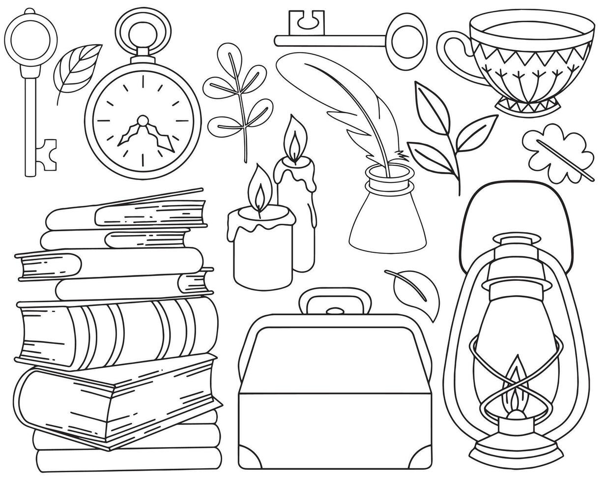 Coloring. Set of magical, witchcraft things. School of wizards, witchcraft and magic. Cute doodle drawing vector