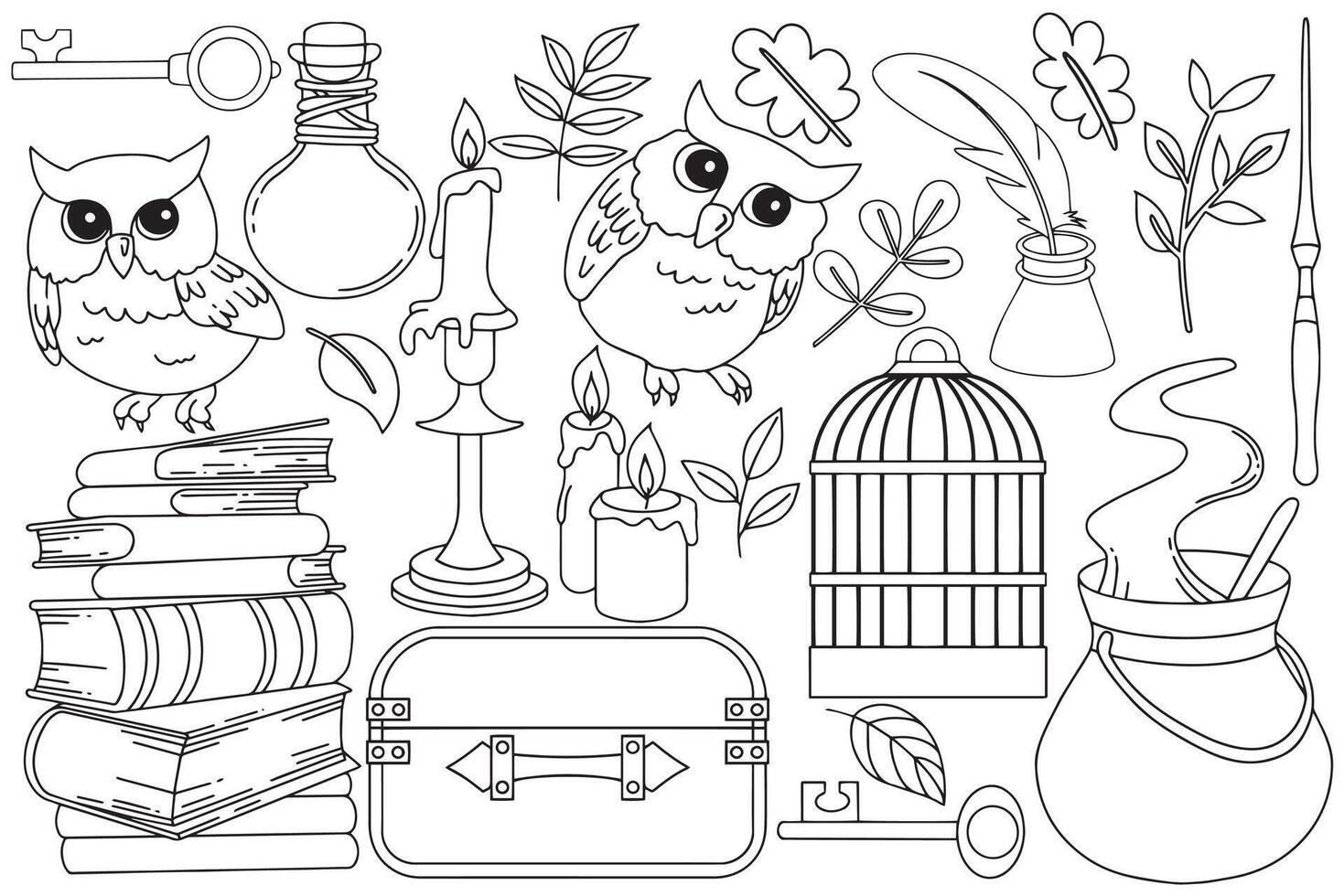 Coloring book. Set of magical, witchcraft things. School of wizards, witchcraft and magic. vector