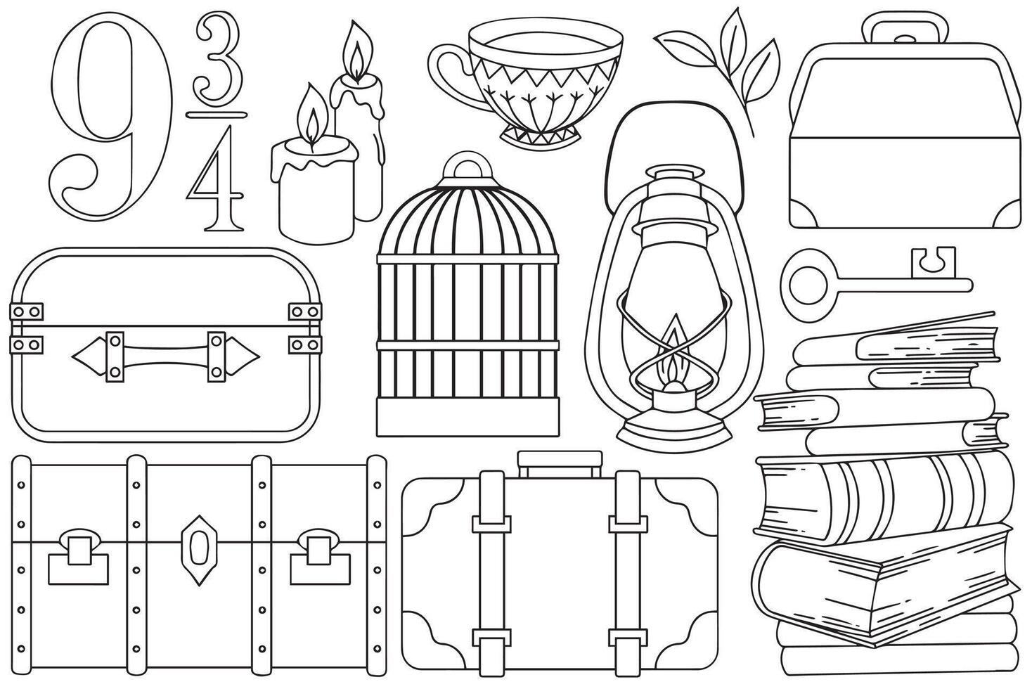 Coloring page. Set of magical, witchcraft things. School of wizards, witchcraft and magic. Cute doodle drawing vector