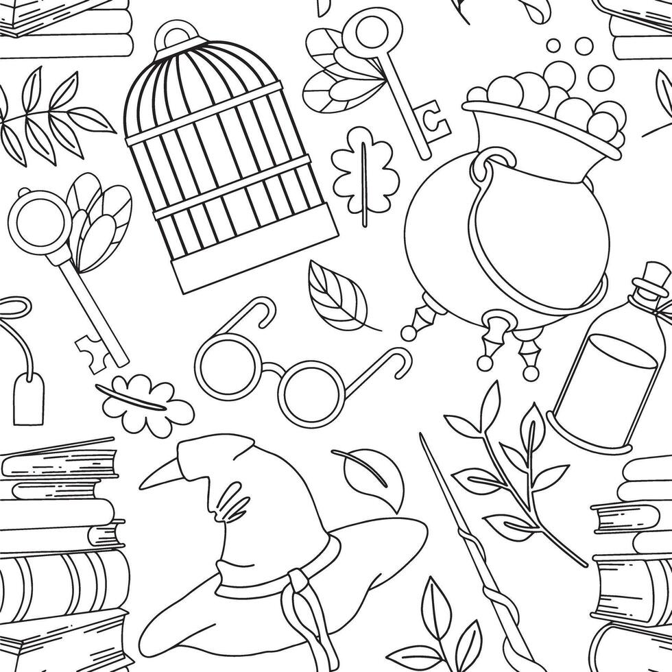 Coloring page. Seamless pattern with magic items. Witchcraft, school of wizards. vector