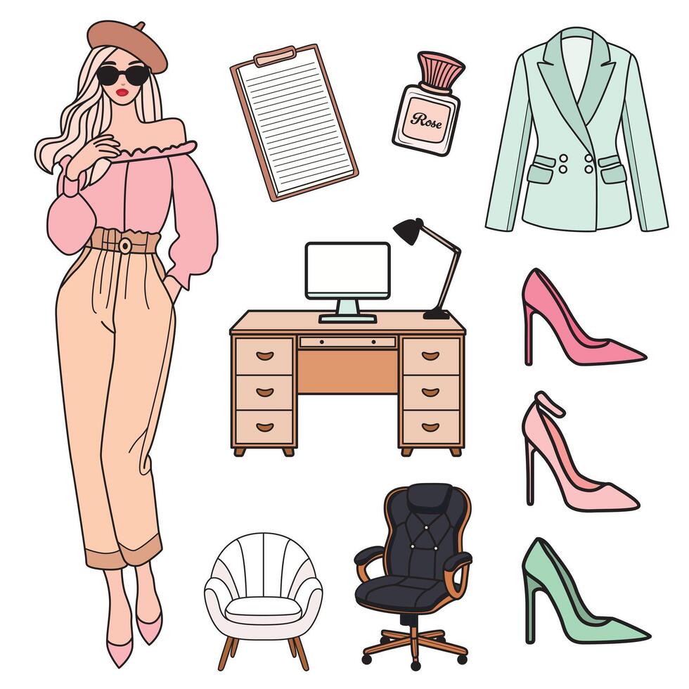 Feminine Aesthetic Clip Art Set Woman Office Life Elements vector