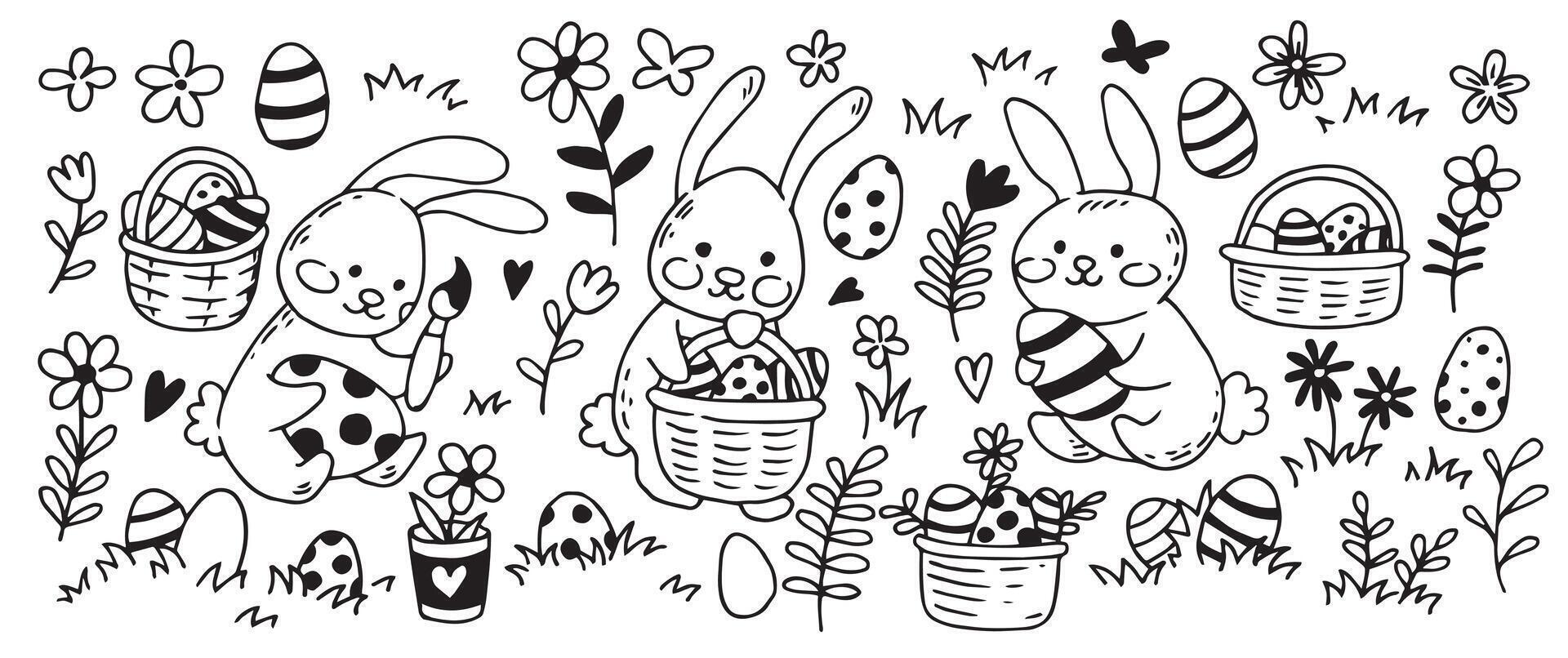 Easter set with eggs, bunny and flowers. simple illustration in doodle style, coloring book vector