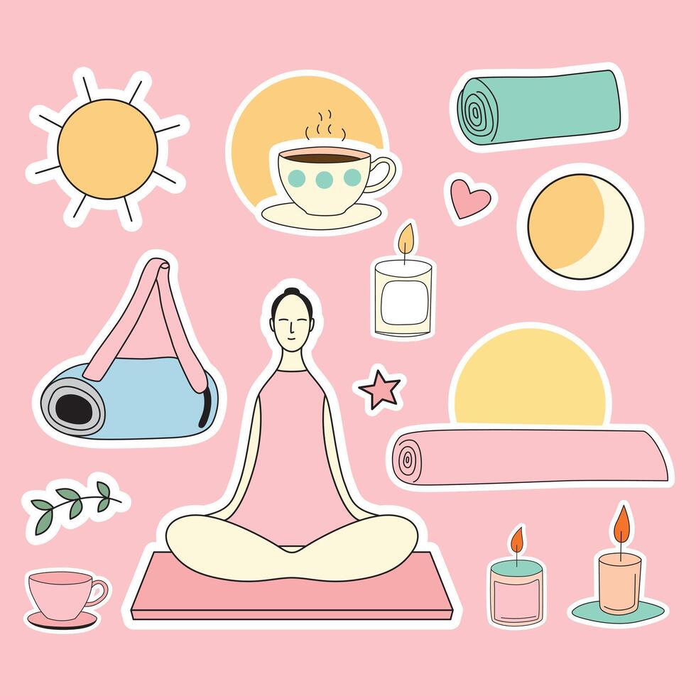 Cute Yoga Clip Art Set of Elements - Kawaii Style vector