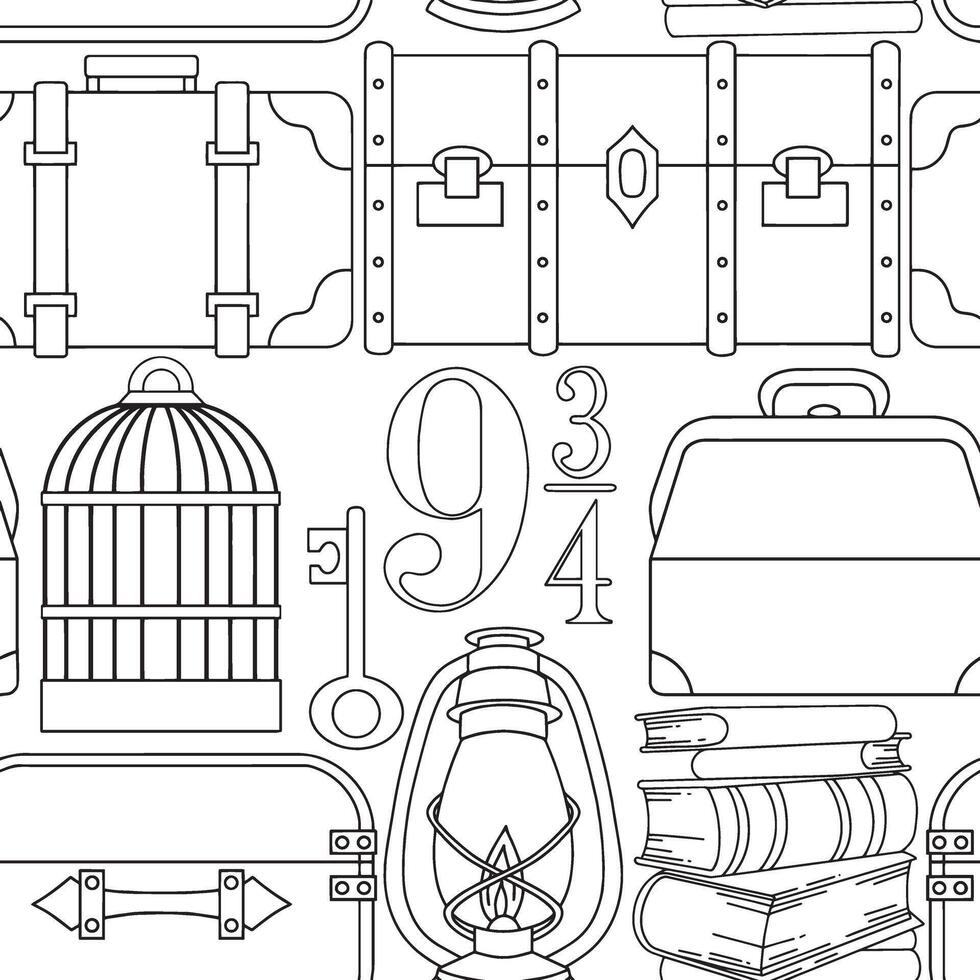 Coloring. Seamless pattern with magic items. Witchcraft, school of wizards. vector