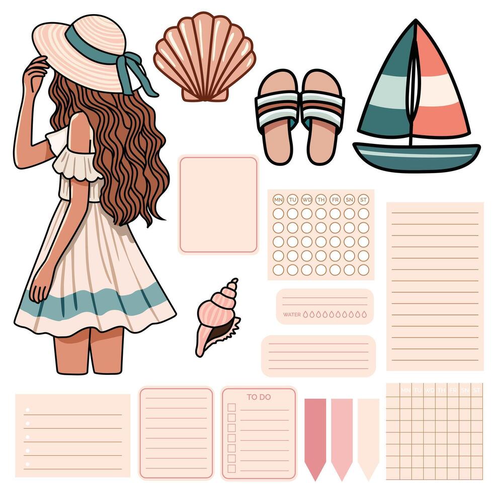 Marine Images and Daily Planner Clip Art Set of Elements - Cute Style vector