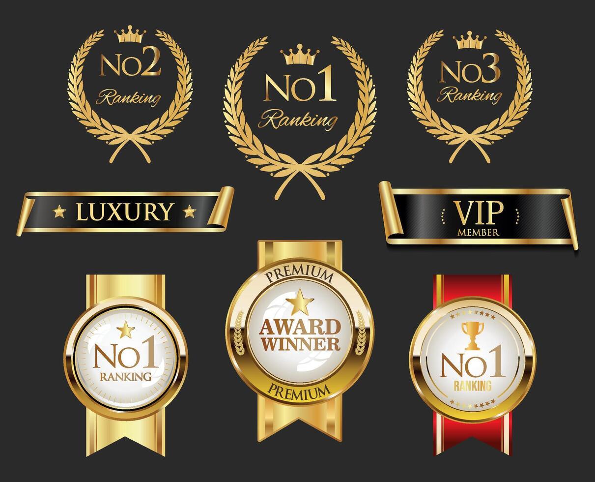 Golden label frame collection with laurel wreath and ribbon vector