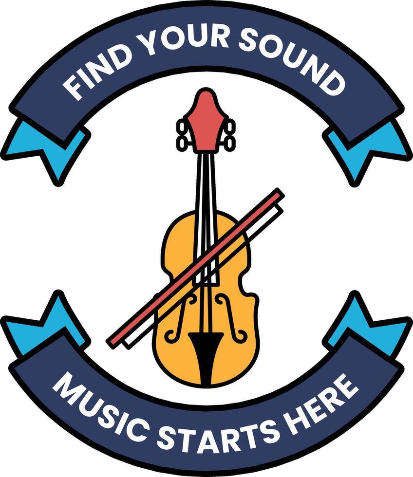 A blue and white logo with a violin and a bow vector
