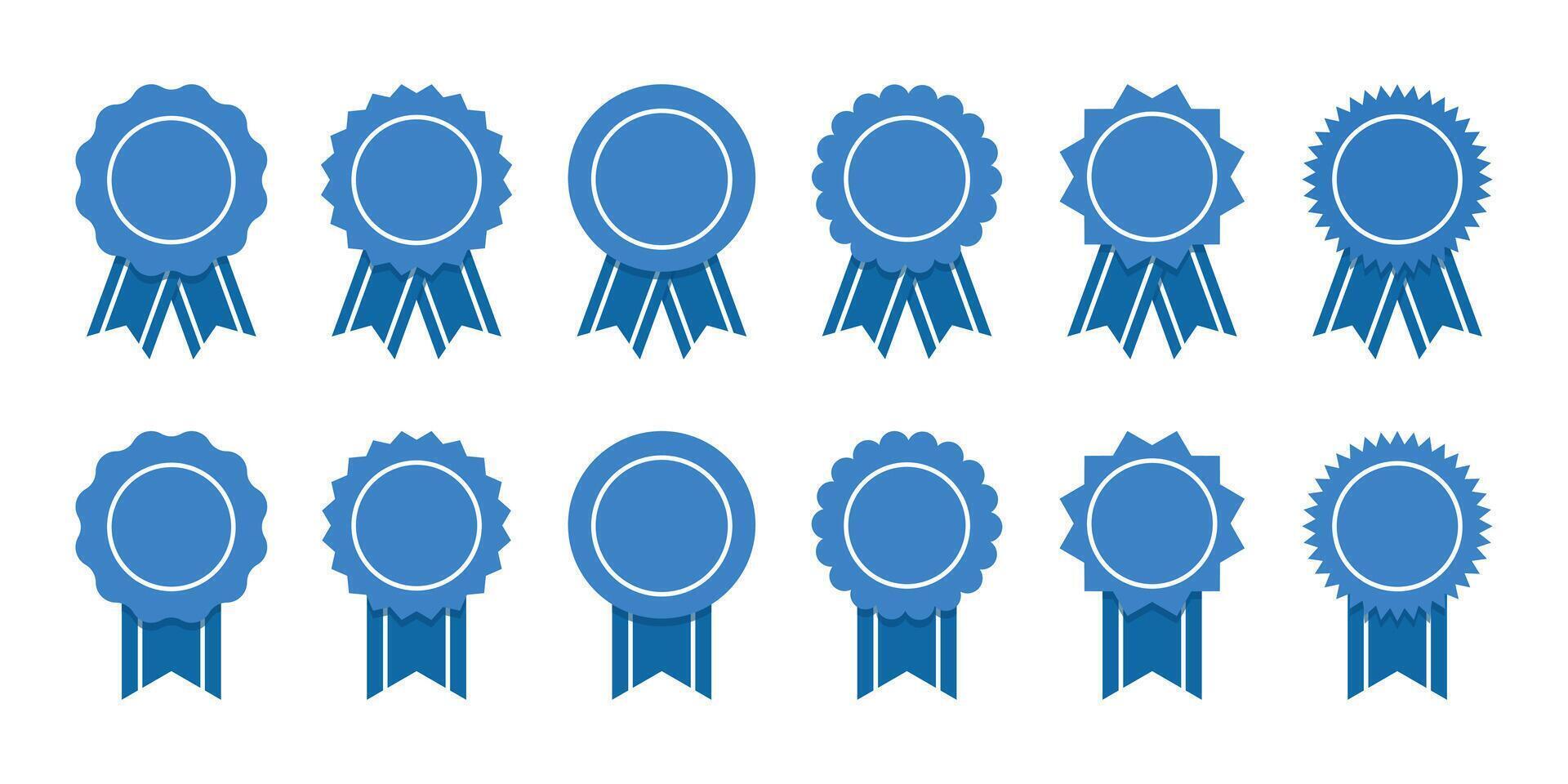 Medal set with ribbon. Blue ribbon and banner. Achievement label. Winner Prize. Set of premium quality and guarantee labels vector
