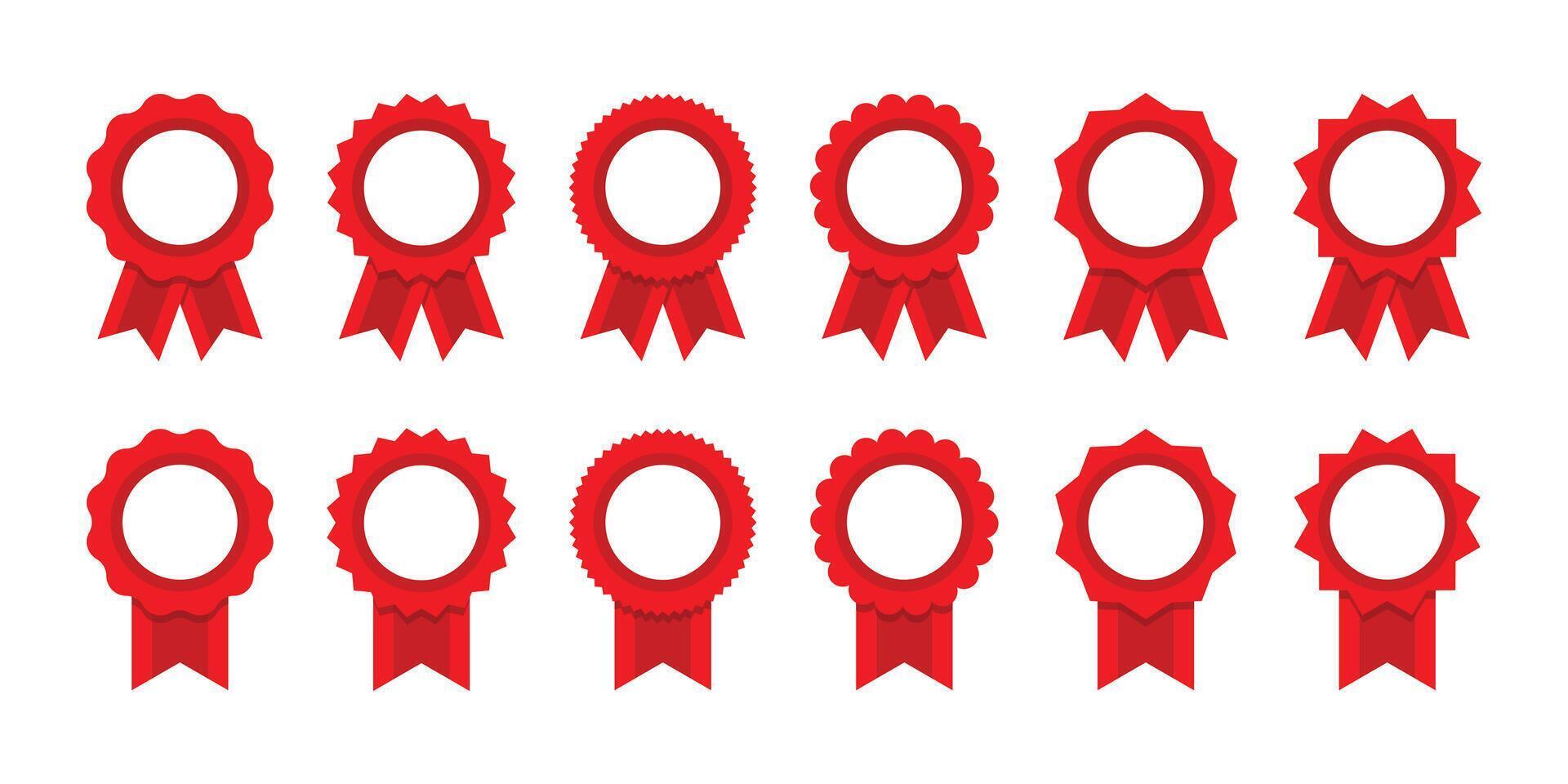 Red ribbon and banner. Medal set with ribbon. Achievement label. Winner Prize. Seal collection in flat style vector