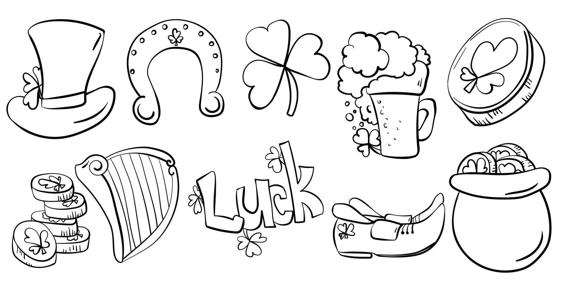 Set of outline elements for St. Patrick's Day in a handdrawn doodle style vector