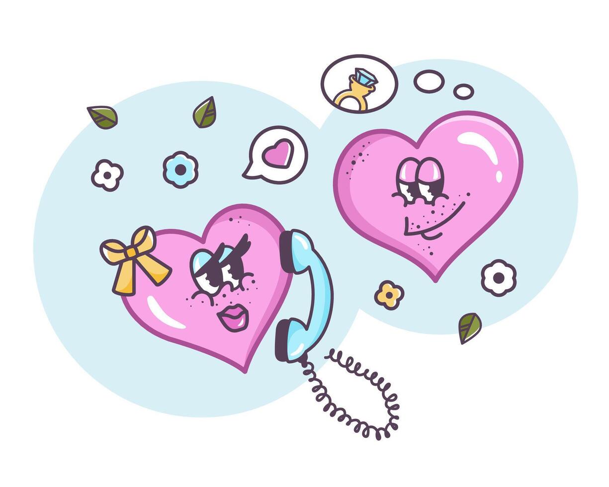 Valentine characters talking. Valentines love. Romantic message to each other. Flirting couple. Hand drawn outline template in Retro style. Funny Groovy hearts in cartoon style. illustration vector
