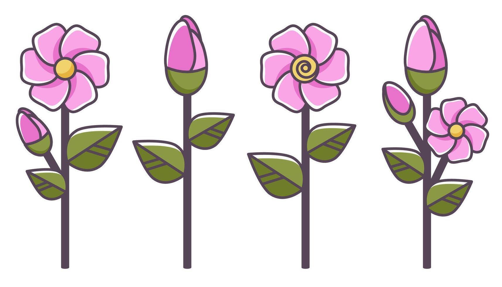 Flowers icon set. Cartoon Floral elements isolated on white background. Blooming plants. Wild flower, daisy, bud, bouquet. Outline symbols with editable stroke. illustration vector