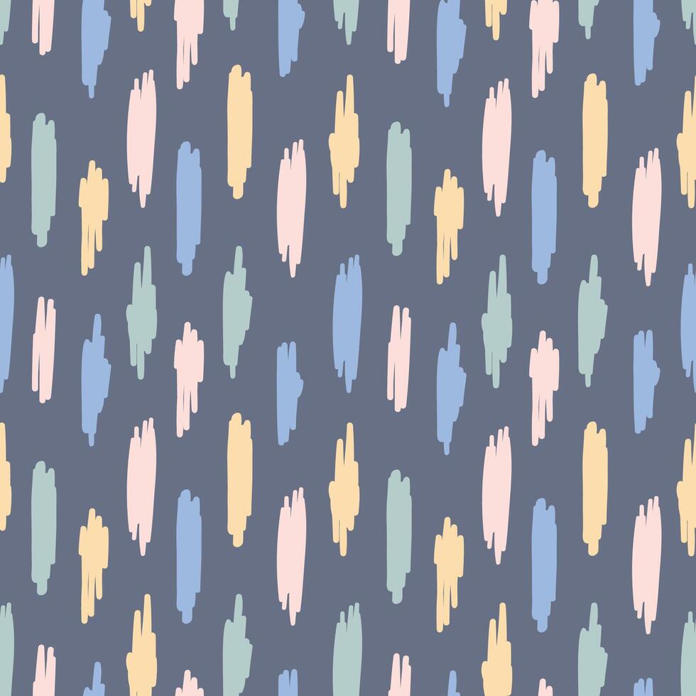 Hand drawn abstract colorful scribble strokes seamless pattern for celebration card on dark blue background. Doodle lines ornament design vector