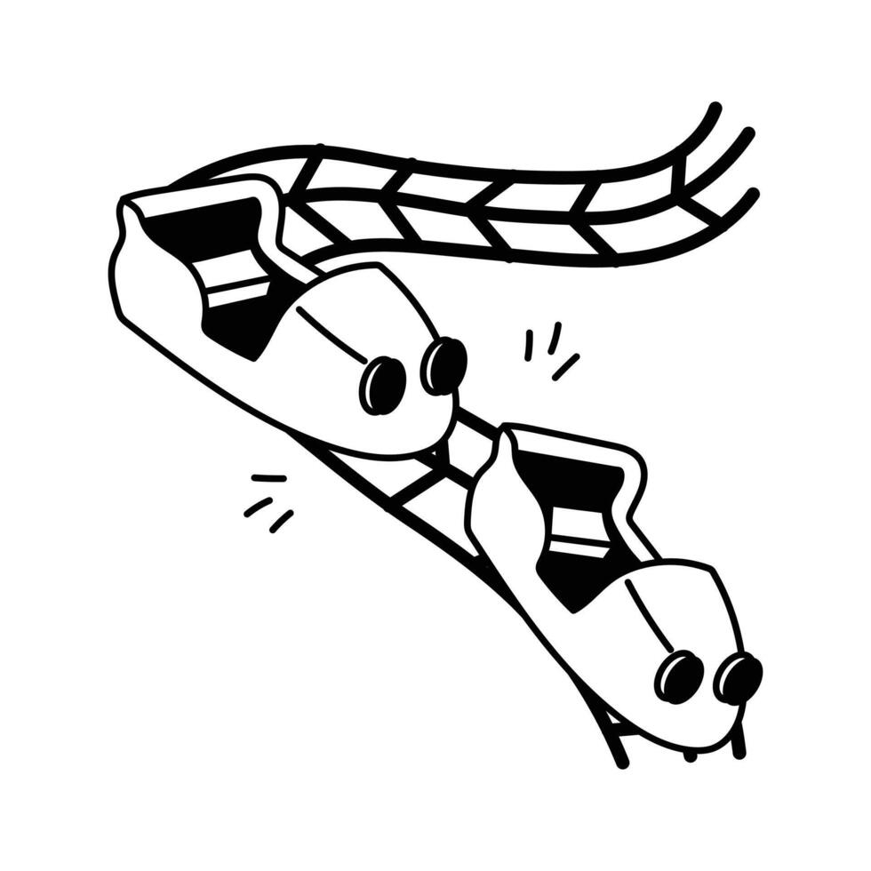 A stylized, black and white line drawing of two roller coaster cars ascending a track. vector