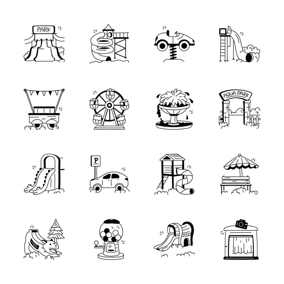 This set of black and white line art icons depicts various amusement park and playground attractions vector