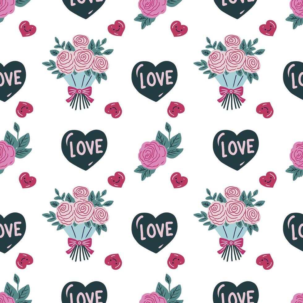 Hand drawn cute Happy Valentine's seamless pattern with hearts and roses. vector