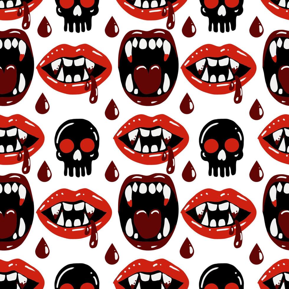 A pattern of vampire teeth and skulls is shown on a white background. The teeth and skulls are red and black, Scene is dark and creepy vector