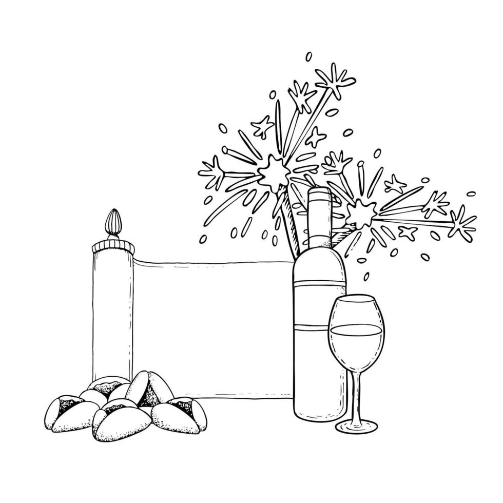Purim Esther scroll with wine bottle and glass, Hamantaschen cookies and sparkles black and white illustration. Jewish masquerade symbols in greeting template. Line ink drawing for coloring vector