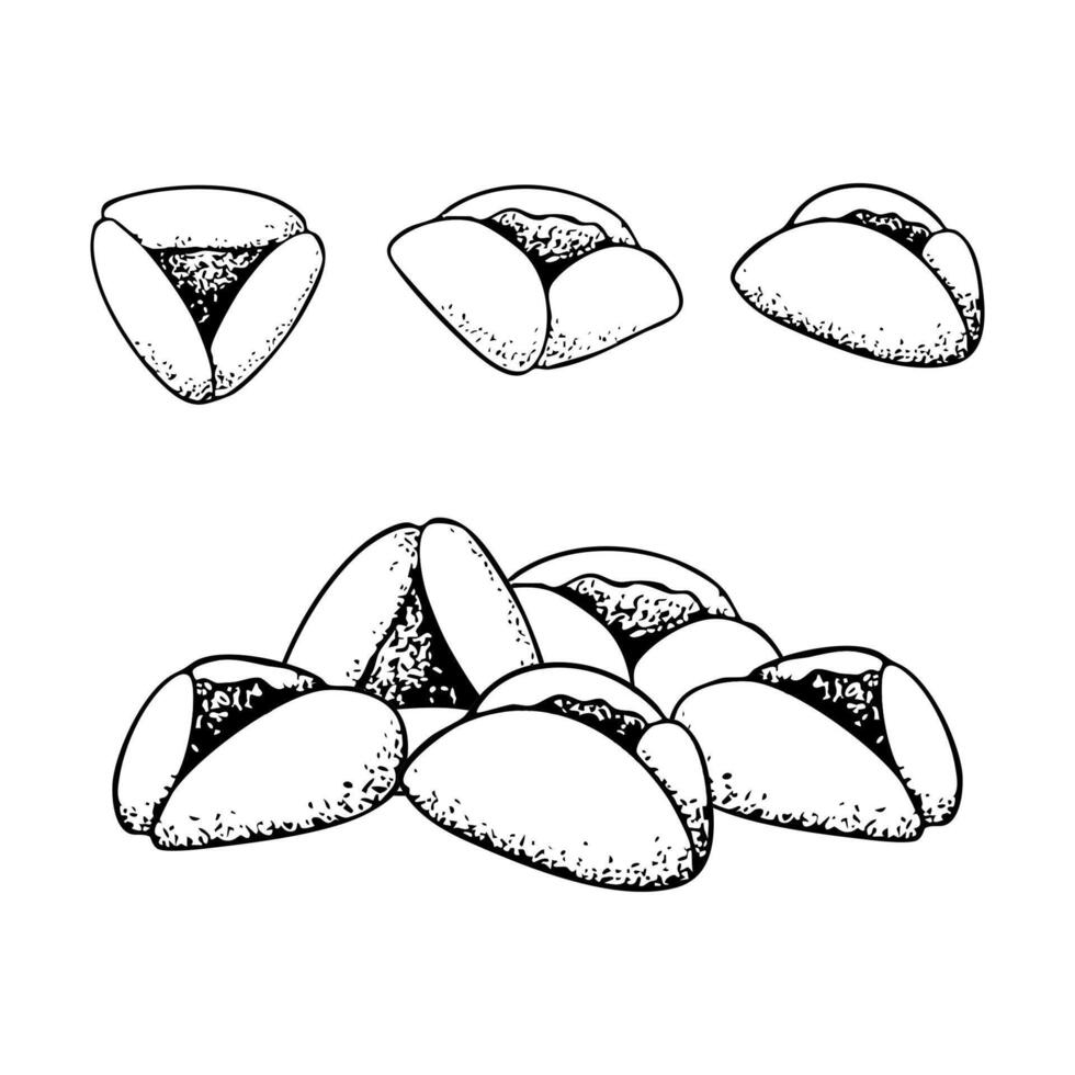 Purim cookies black and white illustration. Traditional Jewish triangle pastry Oznei Haman or Hamantaschen set in simple line style for coloring and holiday designs vector